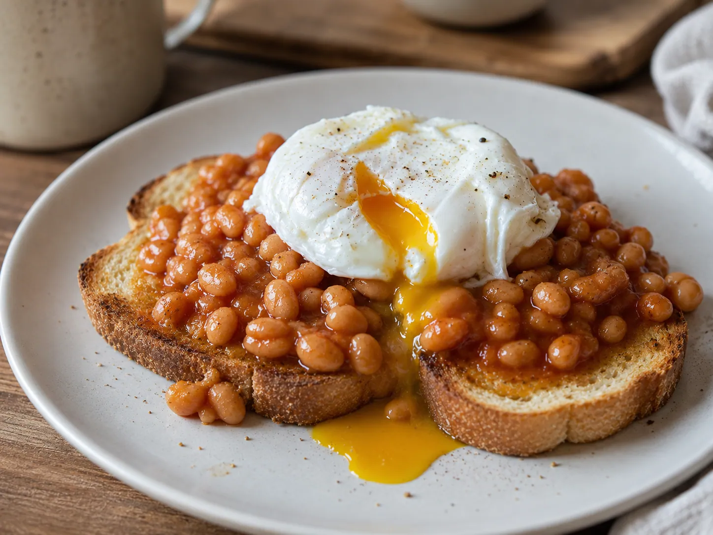 Baked beans on toast with a poached egg